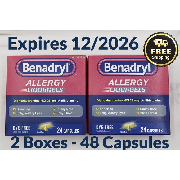 2 boxes Benadryl Allergy Liqui-Gels 25mg Antihistamine 24pk – 48 Capsules Total - Picture 1 of 2